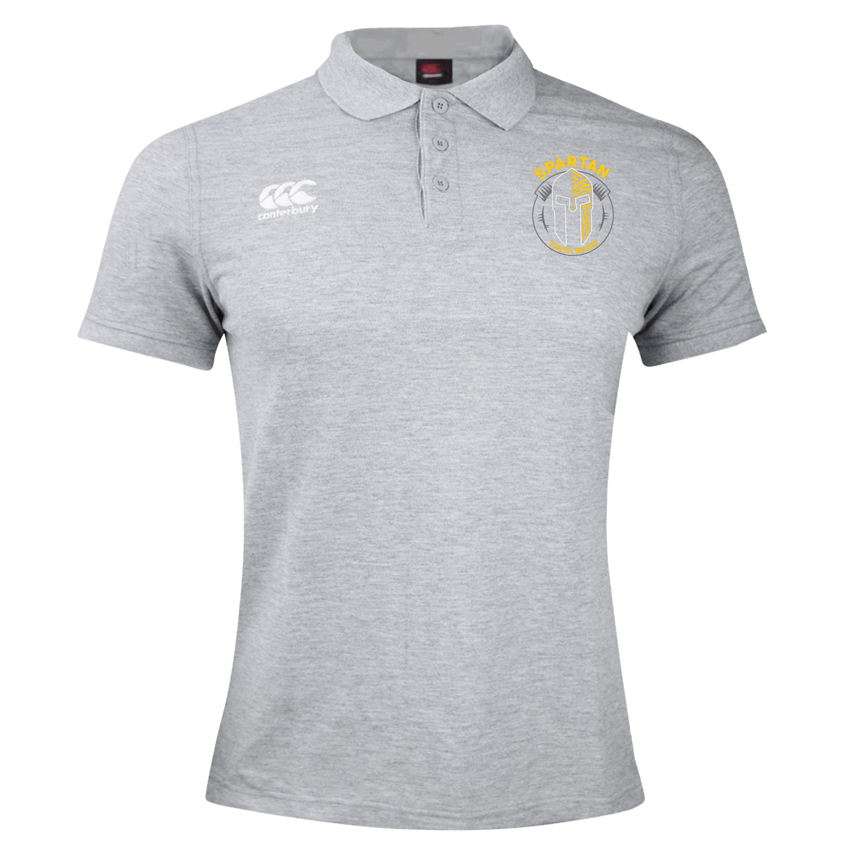 The Spartan Youth Rugby Waimak Polo by EMB Canterbury is a light grey short-sleeve polo with a collar, white Canterbury logo on the right chest, and a yellow-grey shield emblem on the left—ideal for rugby fans.