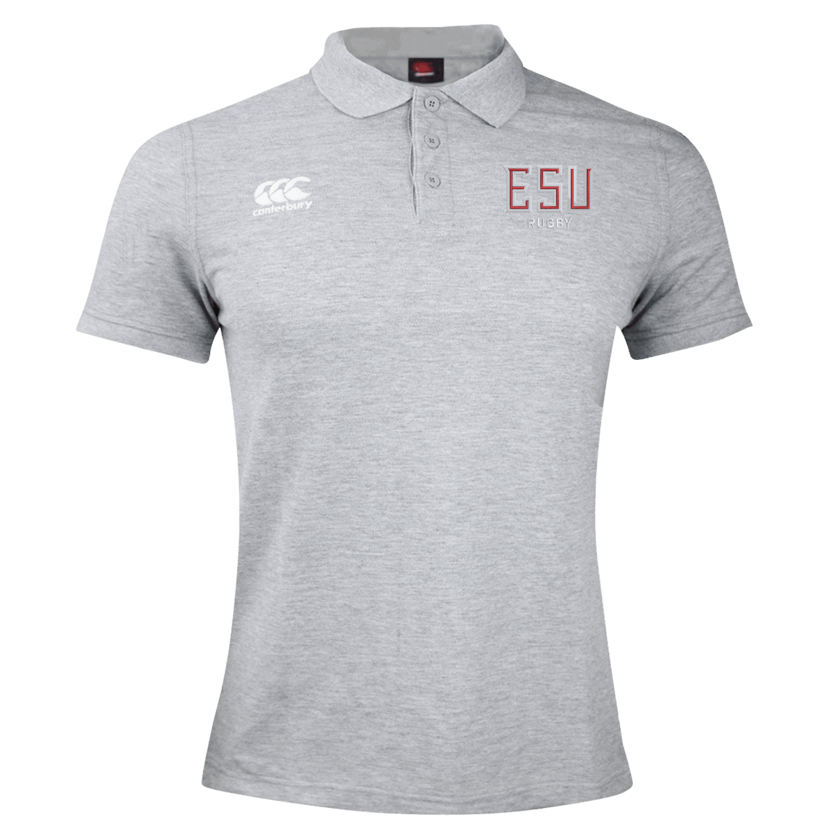 The East Stroudsburg University Waimak Polo by EMB Canterbury is a light grey men's rugby polo with a collar, three-button placket, and “ESU Rugby” plus the Canterbury logo on the chest—classic style from the CCC Waimak collection.