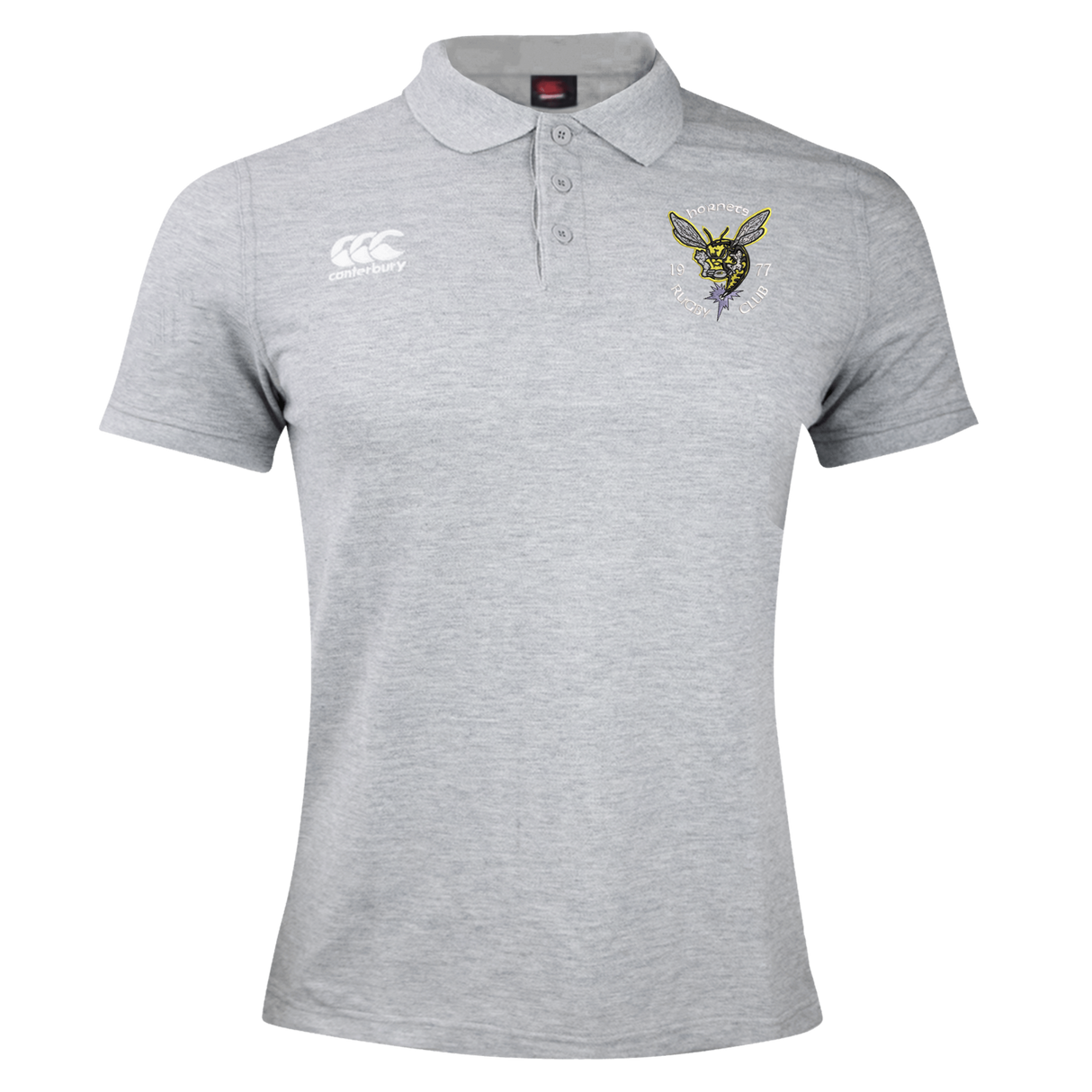 Introducing the Hornets Rugby Club 1977 Waimak Polo by EMB Canterbury—a light grey short-sleeve men's polo featuring a three-button collar, iconic white Canterbury logo, and hornet emblem on the chest. This classic piece seamlessly combines athletic comfort with timeless rugby style in true Canterbury tradition.