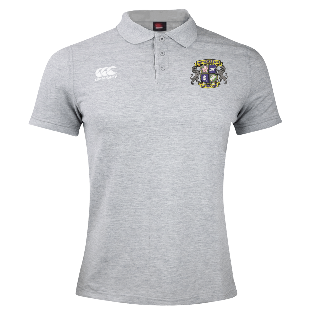 The Winchester Cannons Waimak Polo by EMB Canterbury is a light grey men's short-sleeve rugby shirt with a collar, button placket, and two chest logos, offering classic style on a plain background.