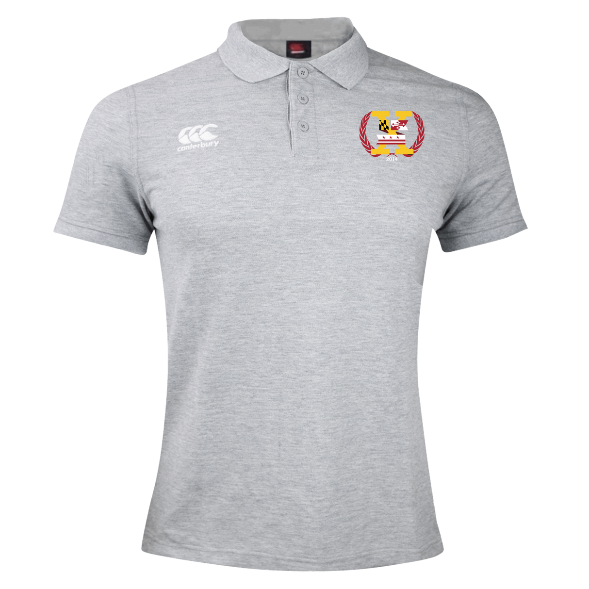 Light grey men's rugby shirt with short sleeves, a collar, and button placket. The Potomac Exiles Rugby Club Waimak Polo by EMB Canterbury features a white Canterbury logo on the right chest and a colorful embroidered Potomac Exiles crest on the left chest, capturing the timeless style of this Canterbury classic.