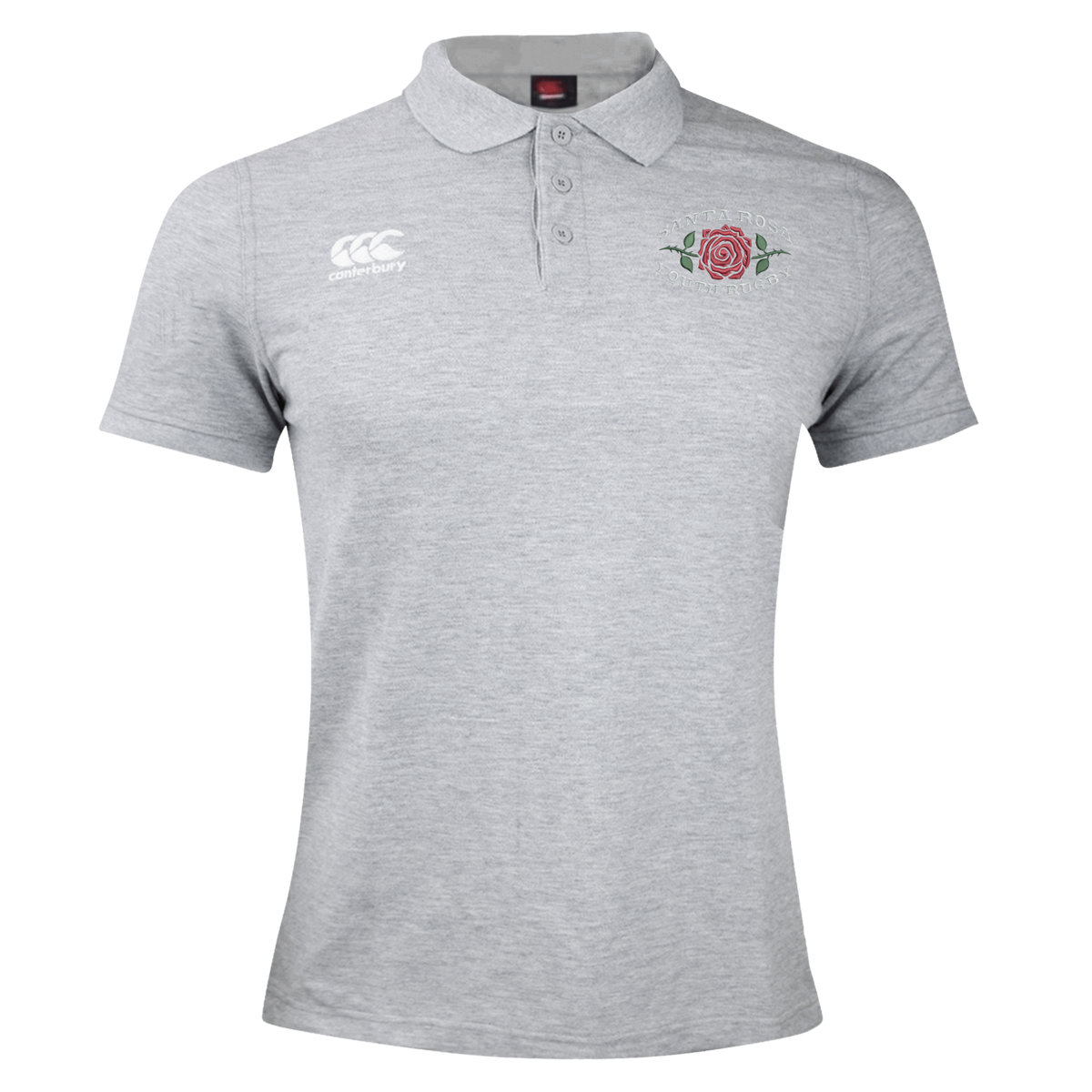 The Santa Rosa Youth Rugby Waimak Polo by EMB Canterbury is a light grey, short-sleeve rugby polo shirt featuring two white logos on the chest—one with a rose emblem and the other displaying “Canterbury.” This youth rugby polo includes a classic collar with three buttons, delivering both comfort and timeless style.