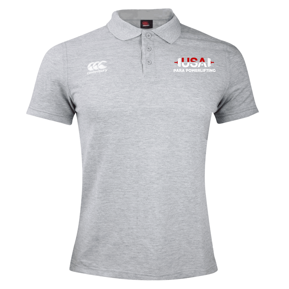 The USA Para Powerlifting Waimak Polo by EMB Canterbury is a light grey men’s rugby shirt with "USA Para Powerlifting" and a flag graphic on the right chest, plus a white Canterbury logo on the left. Classic Canterbury rugby polo inspired.