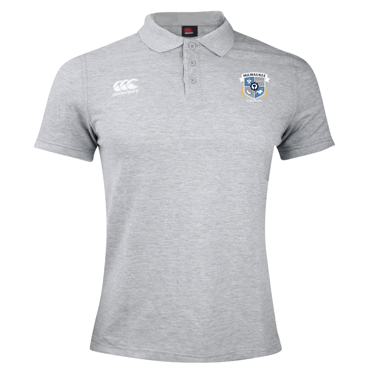 The Milwaukee Barbarians Rugby Waimak Polo by EMB Canterbury is a light gray collared polo featuring the CCC logo on the right chest and the Milwaukee Rugby crest on the left chest.