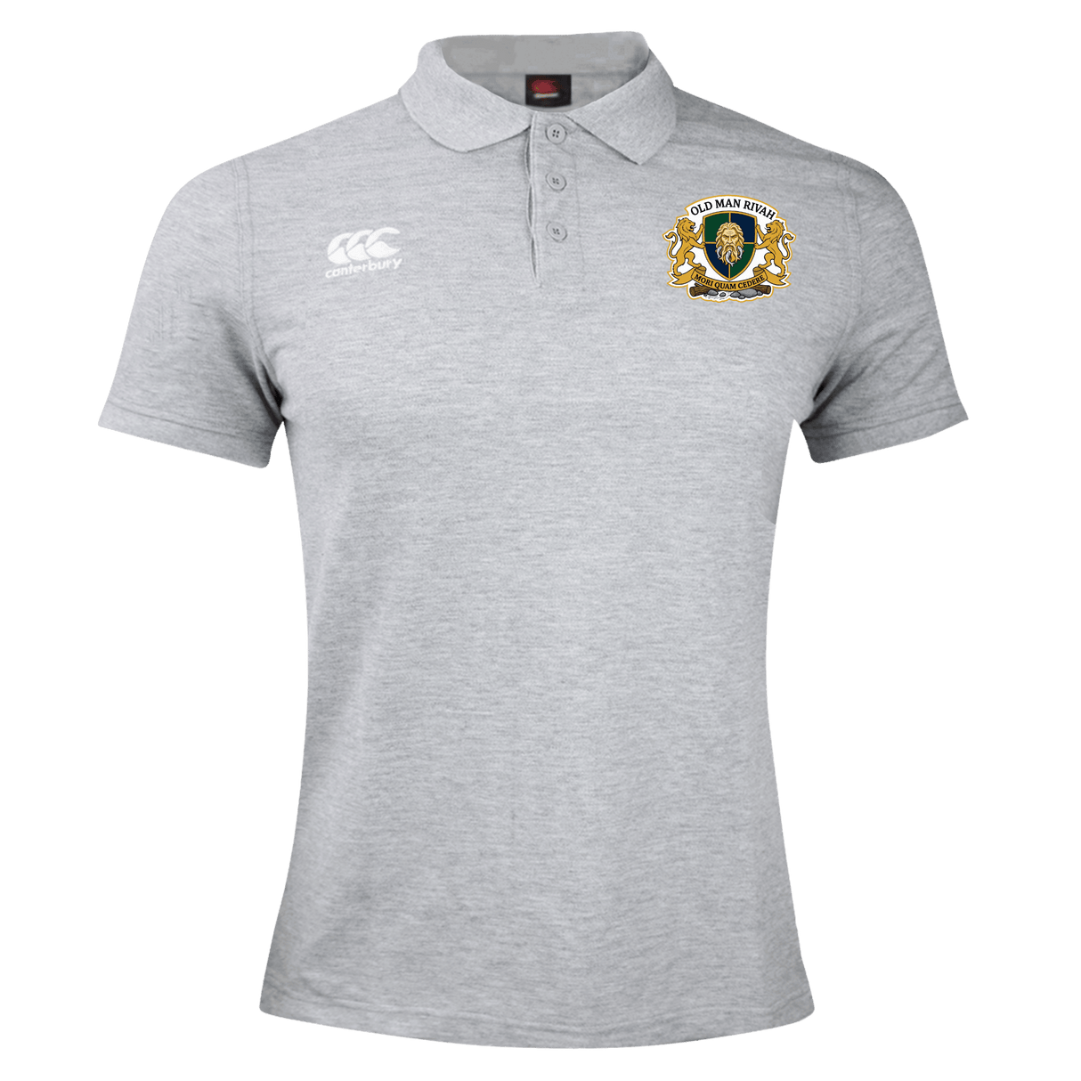 The Old Man Rivah Rugby Waimak Polo by EMB Canterbury is a light grey men's polo with short sleeves, a collar, left chest crest, and right white Canterbury logo—ideal for any Canterbury rugby fan.