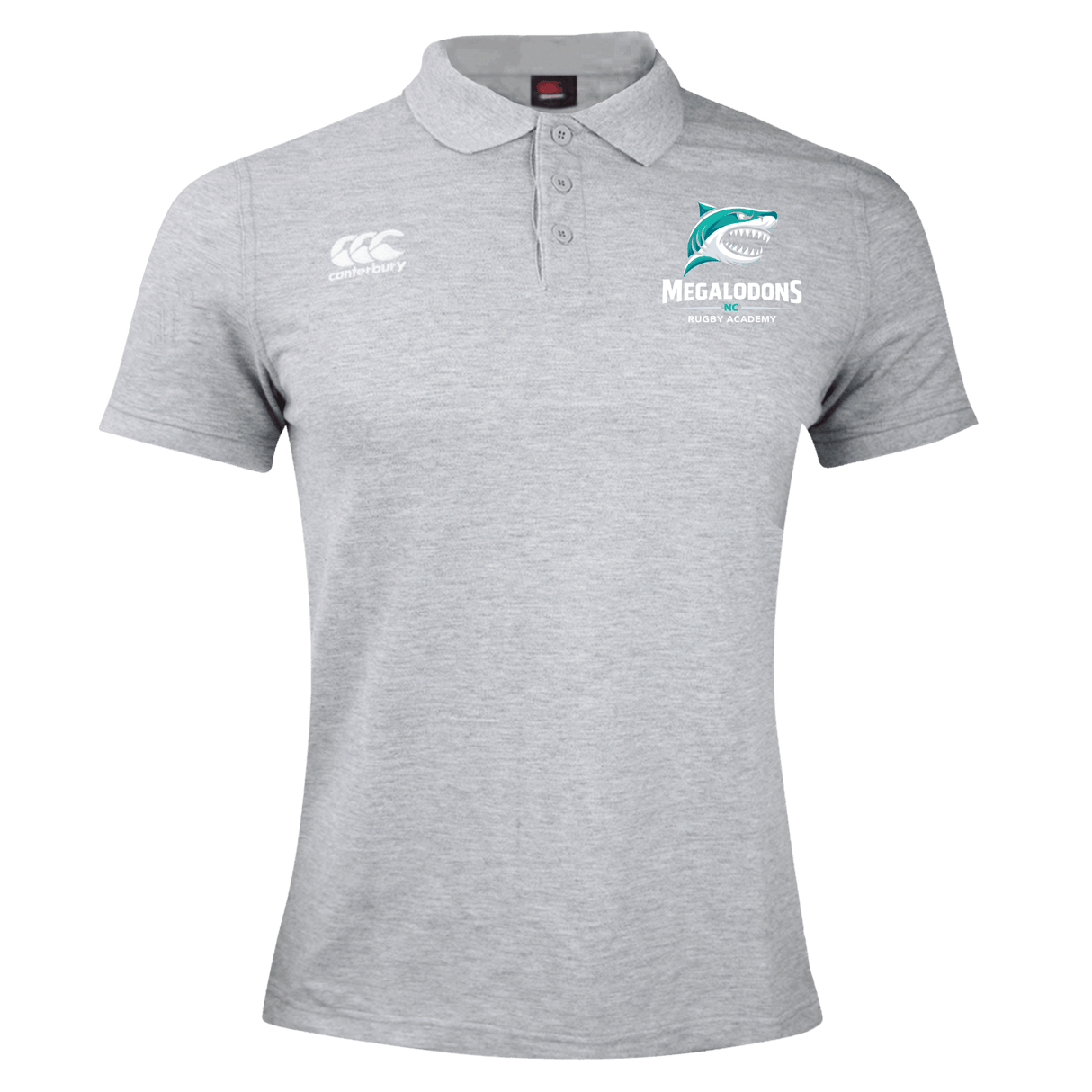 The NC Rugby Academy - Megalodons Waimak Polo by EMB Canterbury is a grey polo with buttons, featuring the Canterbury logo and Megalodons Rugby Academy logo—ideal for any rugby fan’s collection.