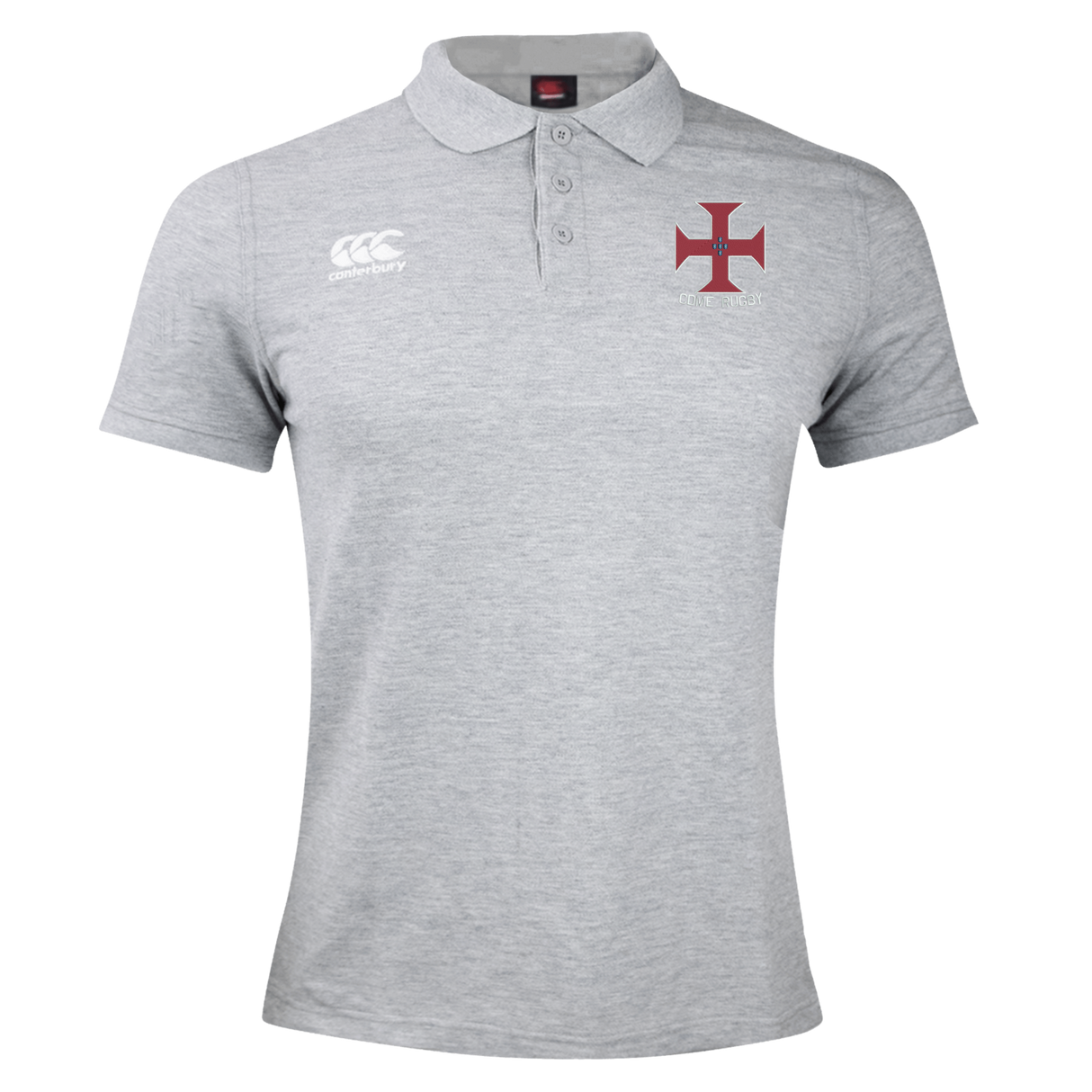 The SF CDME Rugby Waimak Polo by EMB Canterbury comes in light grey and showcases a classic collar with a three-button placket, embodying the iconic CCC Waimak Rugby Polo style. The EMB Canterbury logo is displayed on the right chest, while a striking red cross emblem adorns the left chest, making this men's rugby shirt both stylish and functional.