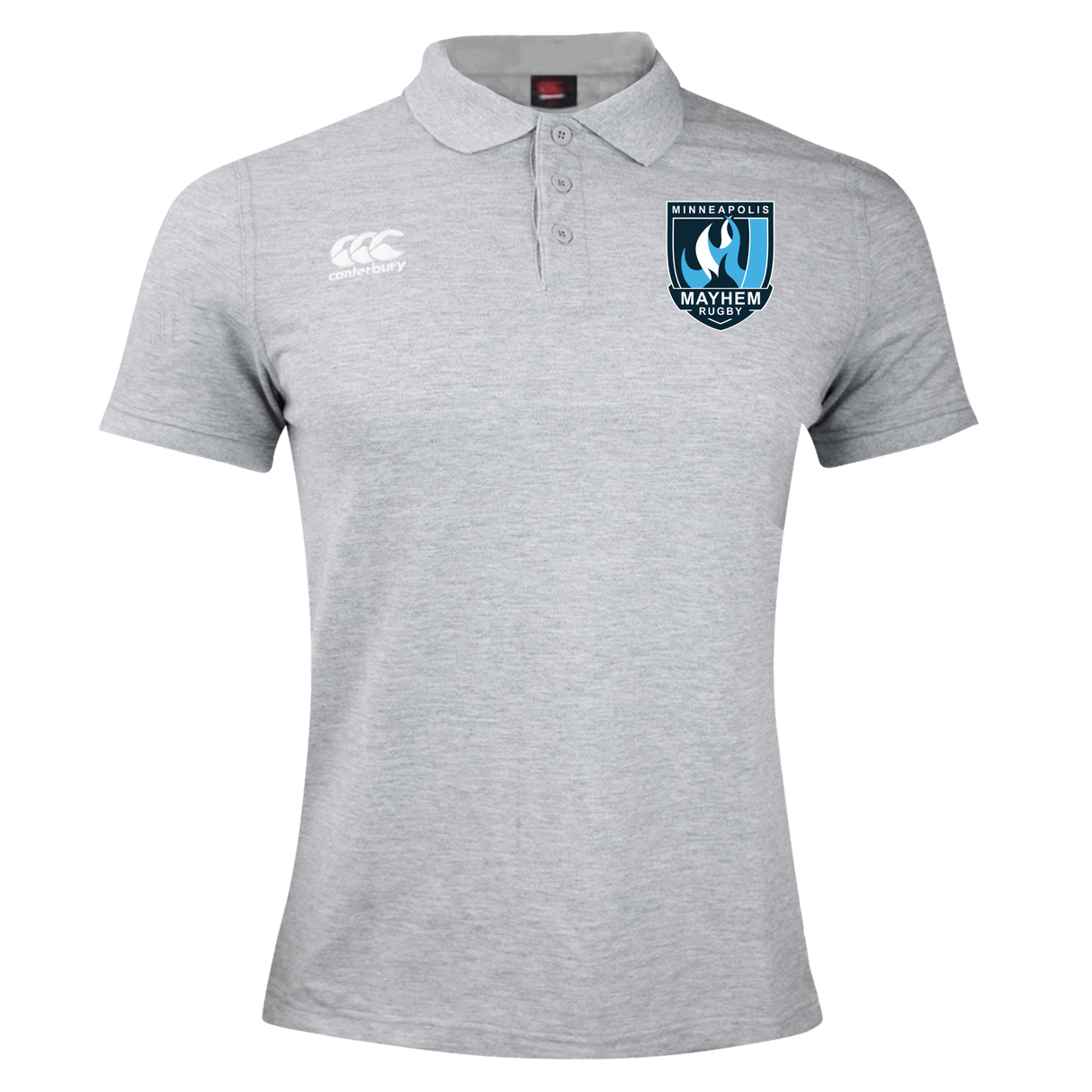 Introducing the Minneapolis Mayhem Rugby Waimak Polo by EMB Canterbury—a light grey men’s rugby polo showcasing the classic “Canterbury” logo on the right chest and the distinctive “Minneapolis Mayhem Rugby” crest on the left. This polo blends timeless style and comfort, making it perfect for game days or casual wear.