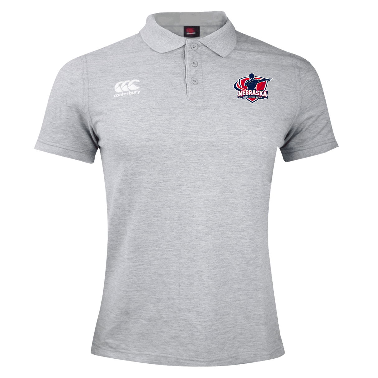 The Nebraska Rugby Referee Society Waimak Polo by EMB Canterbury features a light gray design with a white CCC logo on the right chest and a red, blue, and white Nebraska Rugby emblem on the left—a must-have men's rugby shirt.
