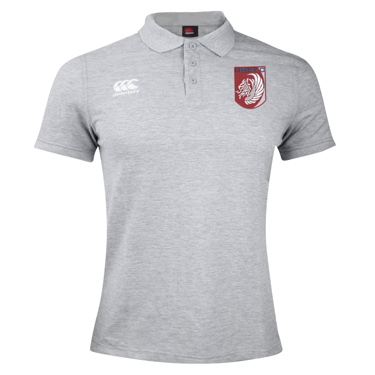 The Montgomery Bucks Griffins Waimak Polo by EMB Canterbury features a light grey design, white Canterbury logo on the right chest, and a maroon lion crest with "MERU" text on the left—classic men's style for casual or sporty looks.