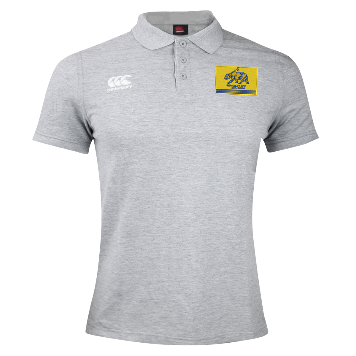 Grey Berkeley RFC Waimak Polo by Canterbury with a button placket, brand logo on the right chest, and a rectangular patch on the left chest featuring a bear icon and “Berkeley RFC est. 2004” text.