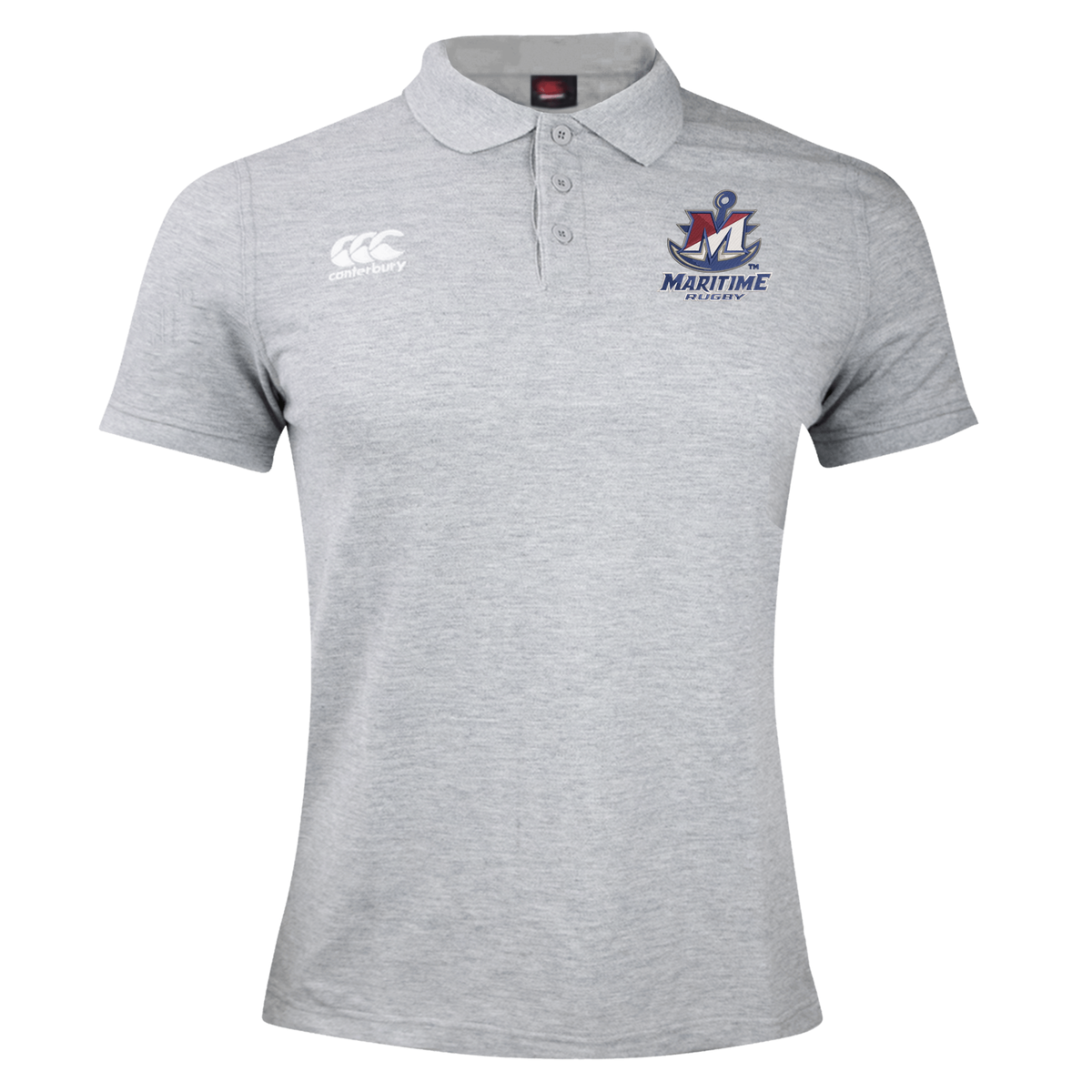 Grey SUNY Maritime Men’s Rugby Waimak Polo by Canterbury with a three-button placket, a brand logo on the right chest, and a Maritime Rugby emblem on the left chest.