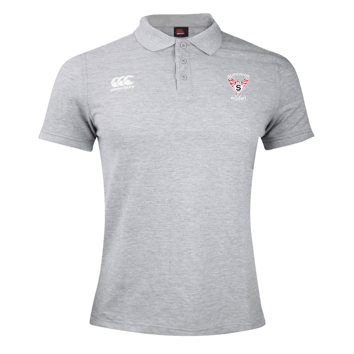 The Superior Rugby Club Waimak Polo by EMB Canterbury features the club badge and Canterbury logo on the chest—a must-have grey men's rugby polo for fans.
