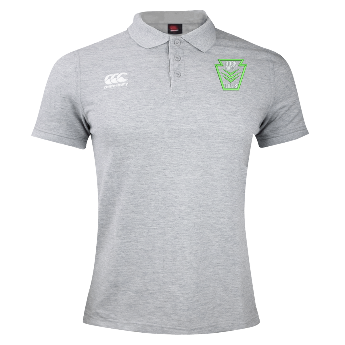 Gray Rock Rugby Waimak Polo by Canterbury with a button placket, brand logo on the right chest, and a green “Rock Rugby Lions” shield emblem on the left chest.