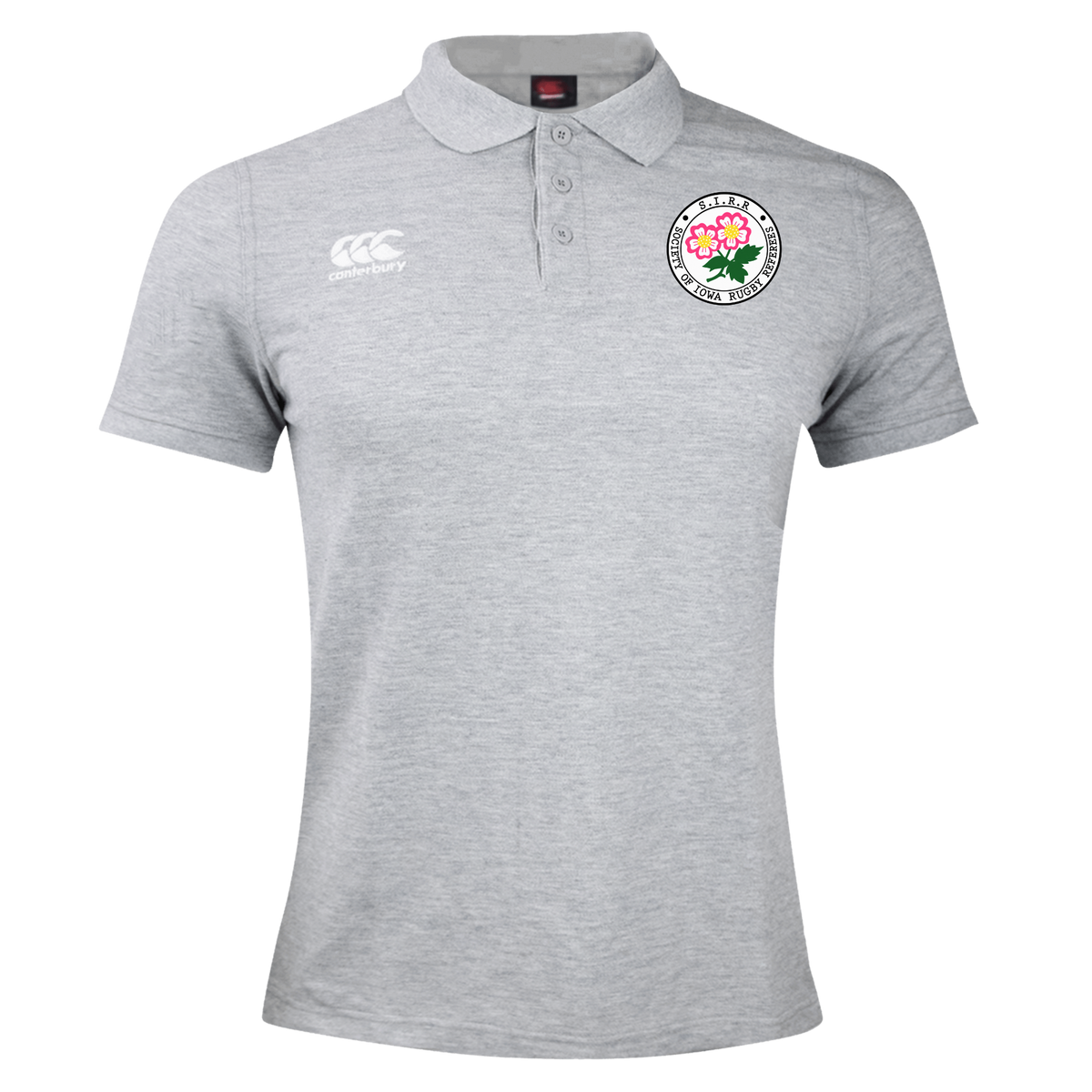 Light grey short-sleeve Society of Iowa Rugby Referees Waimak Polo by EMB Canterbury, featuring a Canterbury logo on the right chest and an embroidered Society of Iowa Rugby Referees emblem on the left chest.