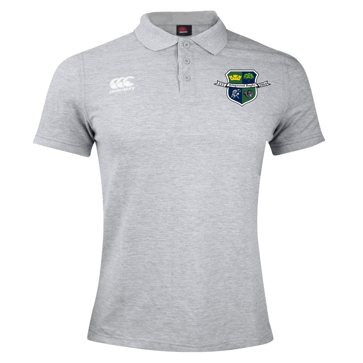 The Kingwood Rugby Waimak Polo by EMB Canterbury is a light grey short-sleeved shirt featuring a stylish crest on the left chest.