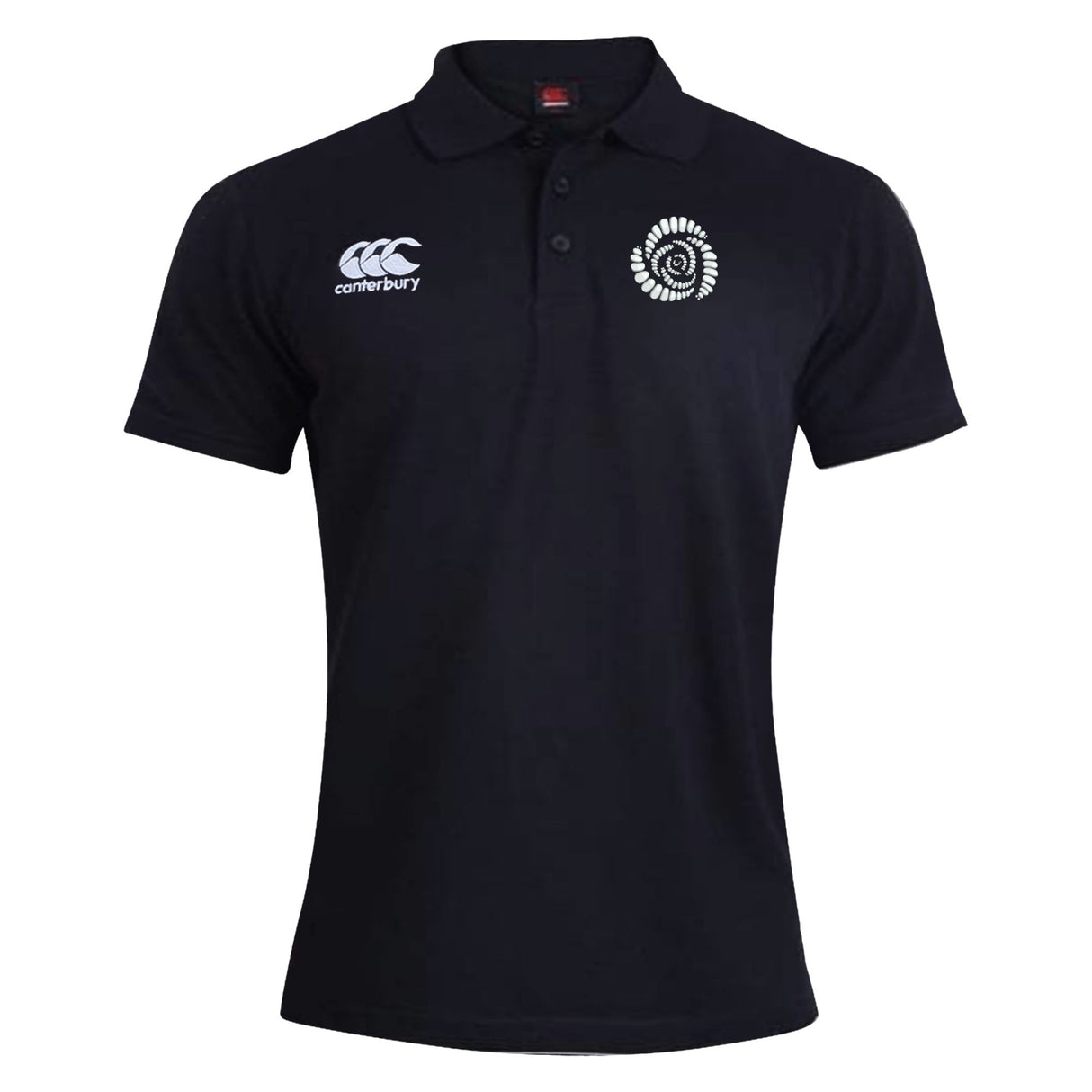 Missoula All-Maggots Waimak Polo by EMB Canterbury—black short-sleeve rugby polo shirt featuring a white Canterbury logo on the left chest and a circular emblem on the right chest, displayed on a plain background.
