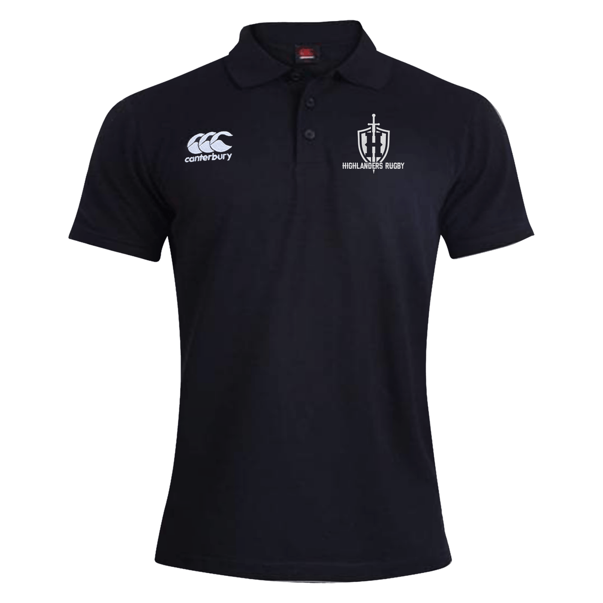 The Highlanders Rugby NC Waimak Polo by Canterbury, available in black, features both "CCC" and "Highlanders Rugby" logos prominently displayed on the chest along with the EMB Canterbury brand logo.