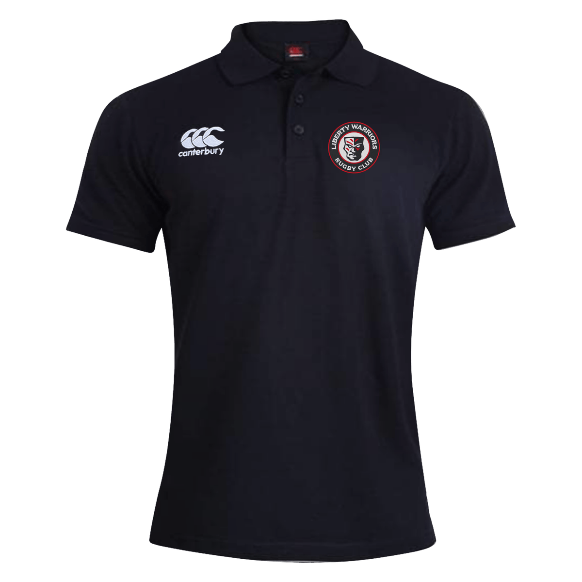 The Liberty Lake Warriors Waimak Polo by EMB Canterbury is crafted from a comfortable cotton polyester blend, featuring an EMB Canterbury logo and a circular rugby club emblem on the chest.
