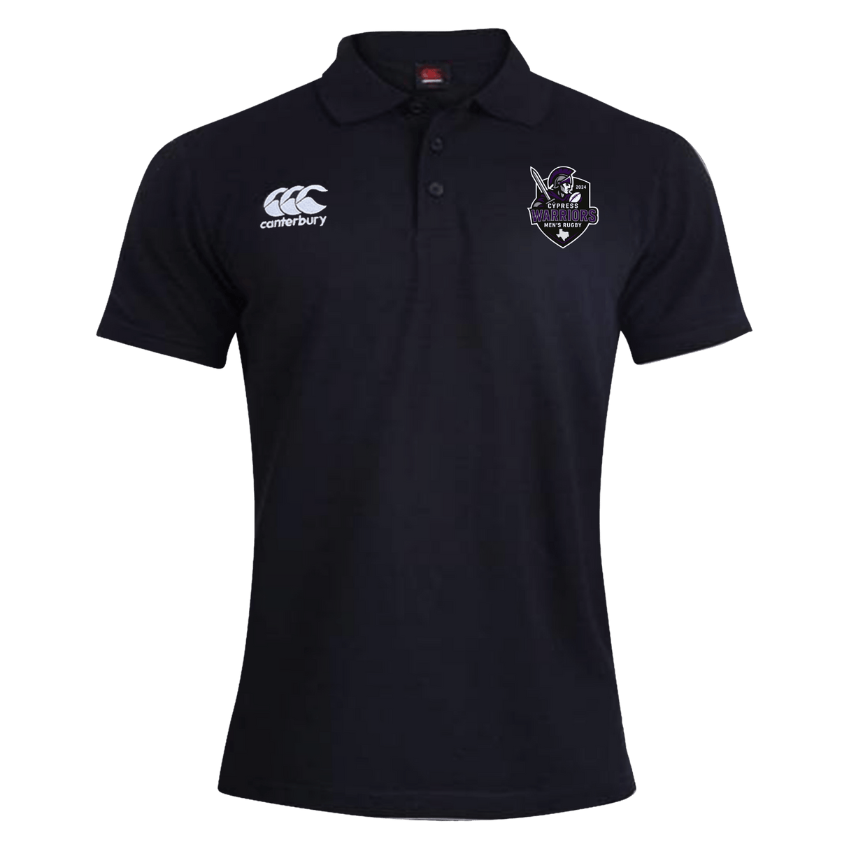 A Cypress Warriors Men's Rugby Waimak Polo by EMB Canterbury in black, with the EMB Canterbury logo on the right chest and the Cypress Warriors crest on the left, displayed on a plain white background.