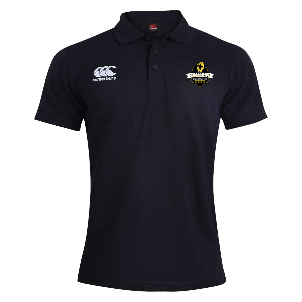 The Chicago Riot Waimak Polo by EMB Canterbury is a black men's rugby shirt with a white Canterbury logo on the right chest and the Chicago Riot shield logo on the left chest.
