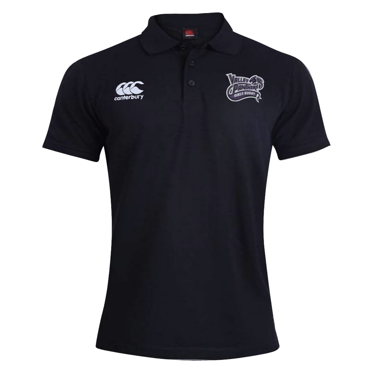 Valley Panthers Girls Rugby Waimak Polo by Canterbury in black, featuring the EMB Canterbury logo on the right chest and a “Youth Darts” emblem on the left chest, buttoned collar, and displayed on a white background. This classic girls’ rugby polo combines comfort and style from EMB Canterbury, making it ideal for any occasion.