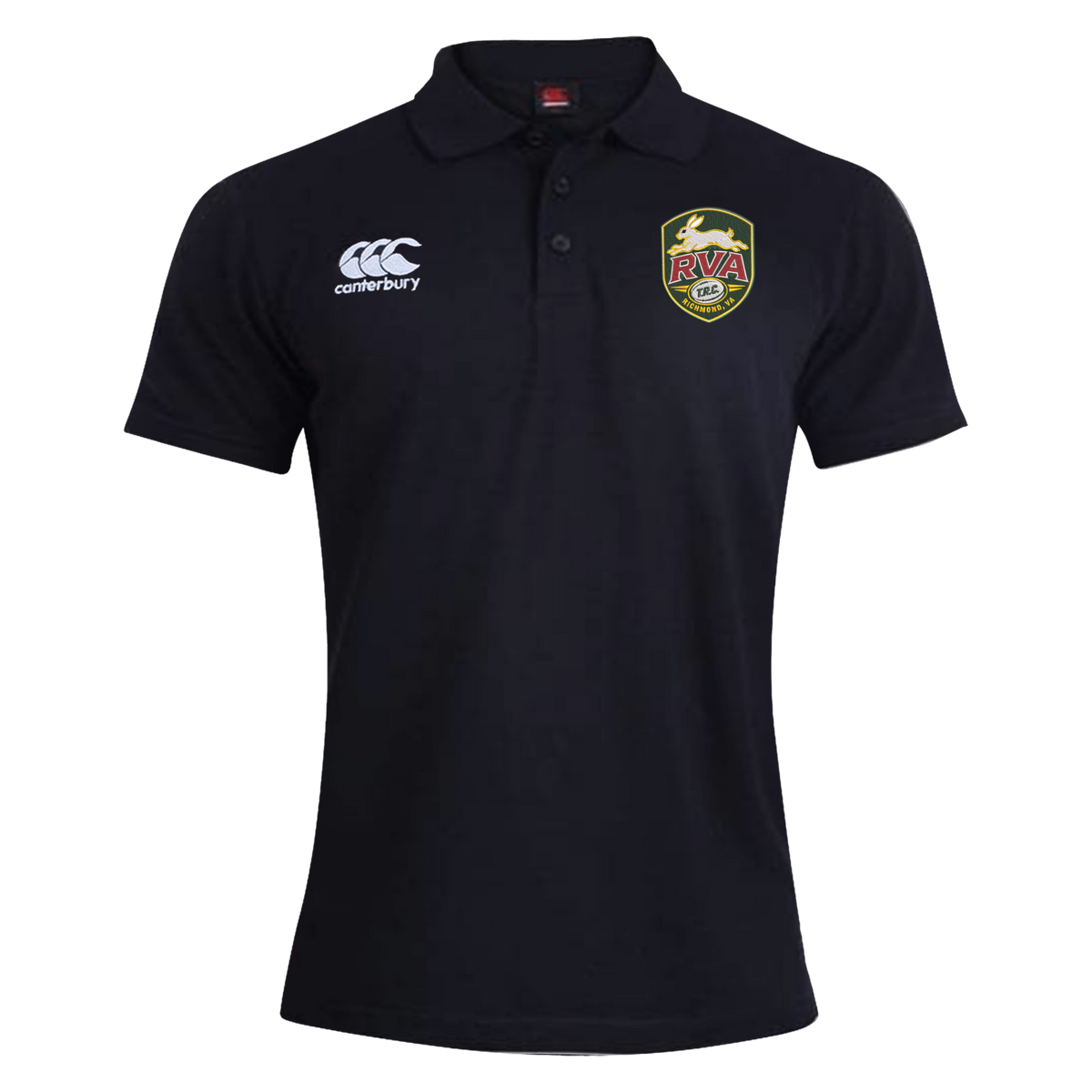 The RVA T.R.C. Waimak Polo by Canterbury is a black short-sleeve men’s rugby shirt from EMB Canterbury, featuring the classic CCC Waimak Rugby Polo design with a Canterbury logo on the right chest and an RVA badge on the left—ideal for fans seeking style and comfort.