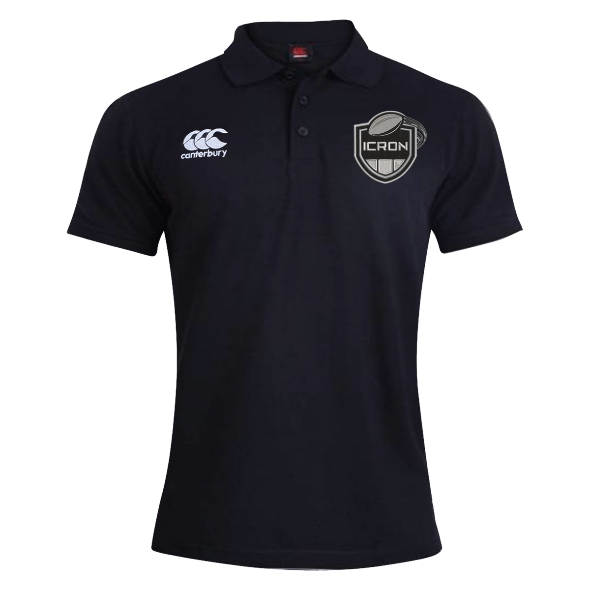 Black ICRON Waimak Polo by Canterbury with a brand logo on the right chest and an ICRON emblem on the left chest.
