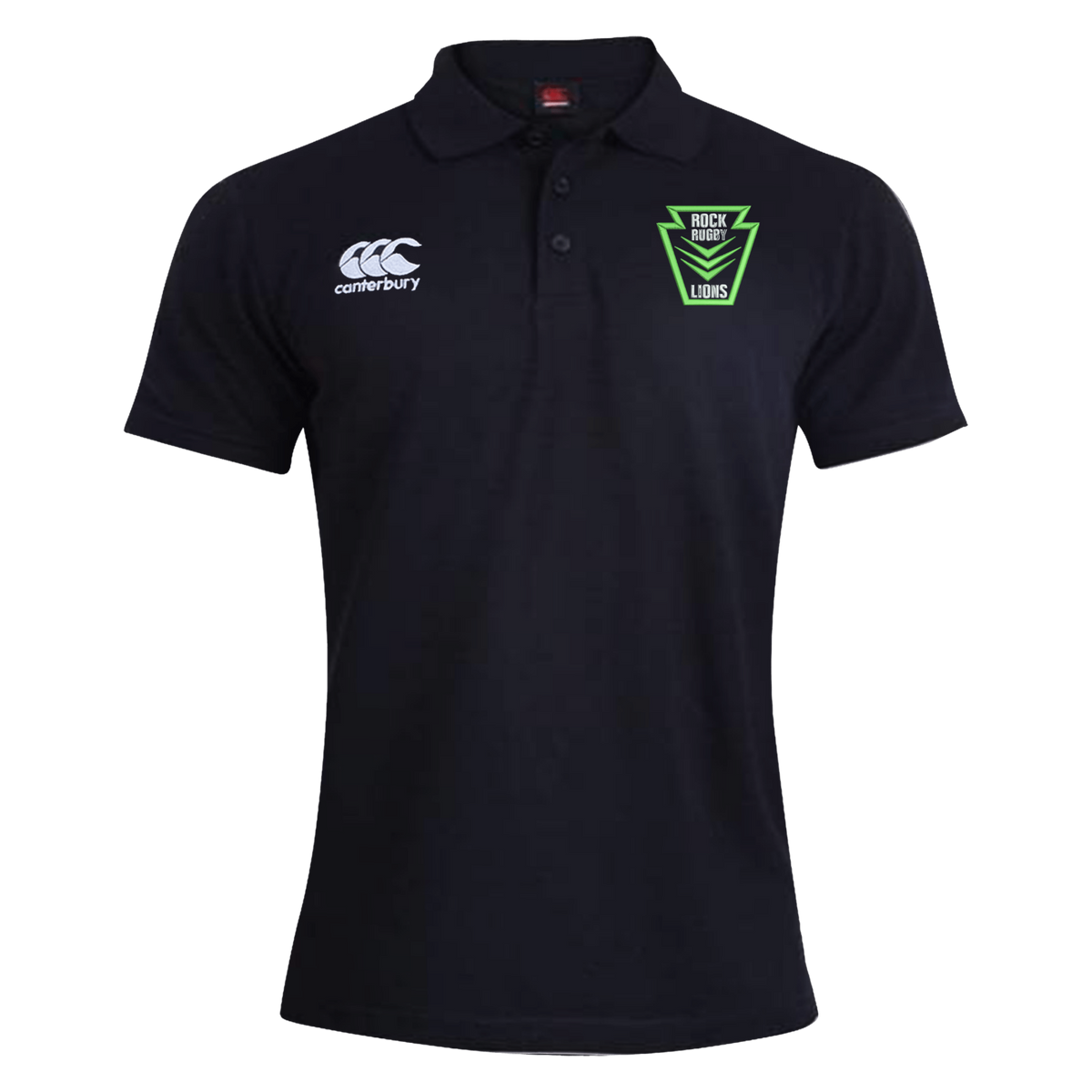 Black Rock Rugby Waimak Polo by Canterbury with a white logo on the right chest and a green and black “Rock Rugby Lions” shield logo on the left chest.