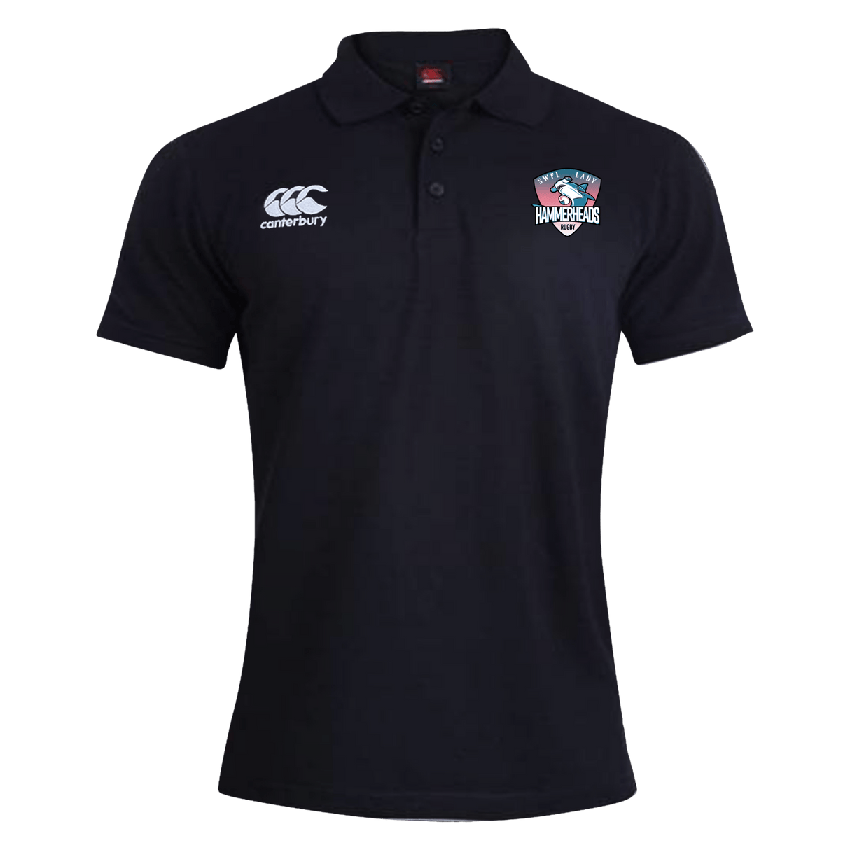 The SWFL Lady Hammerheads Waimak Polo by WRS Canterbury features the brand logo on the right chest and the Lady Hammerheads logo on the left, shown on a plain white background. This women's polo offers classic style and comfort for any occasion.
