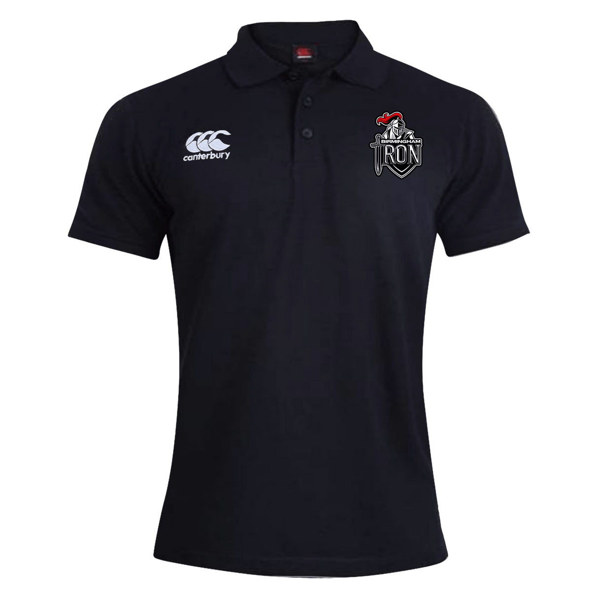The Birmingham Iron Women's Football Waimak Polo by EMB Canterbury is a black short-sleeve rugby polo with the Canterbury logo on the right chest and a TRON logo with red accent on the left chest.