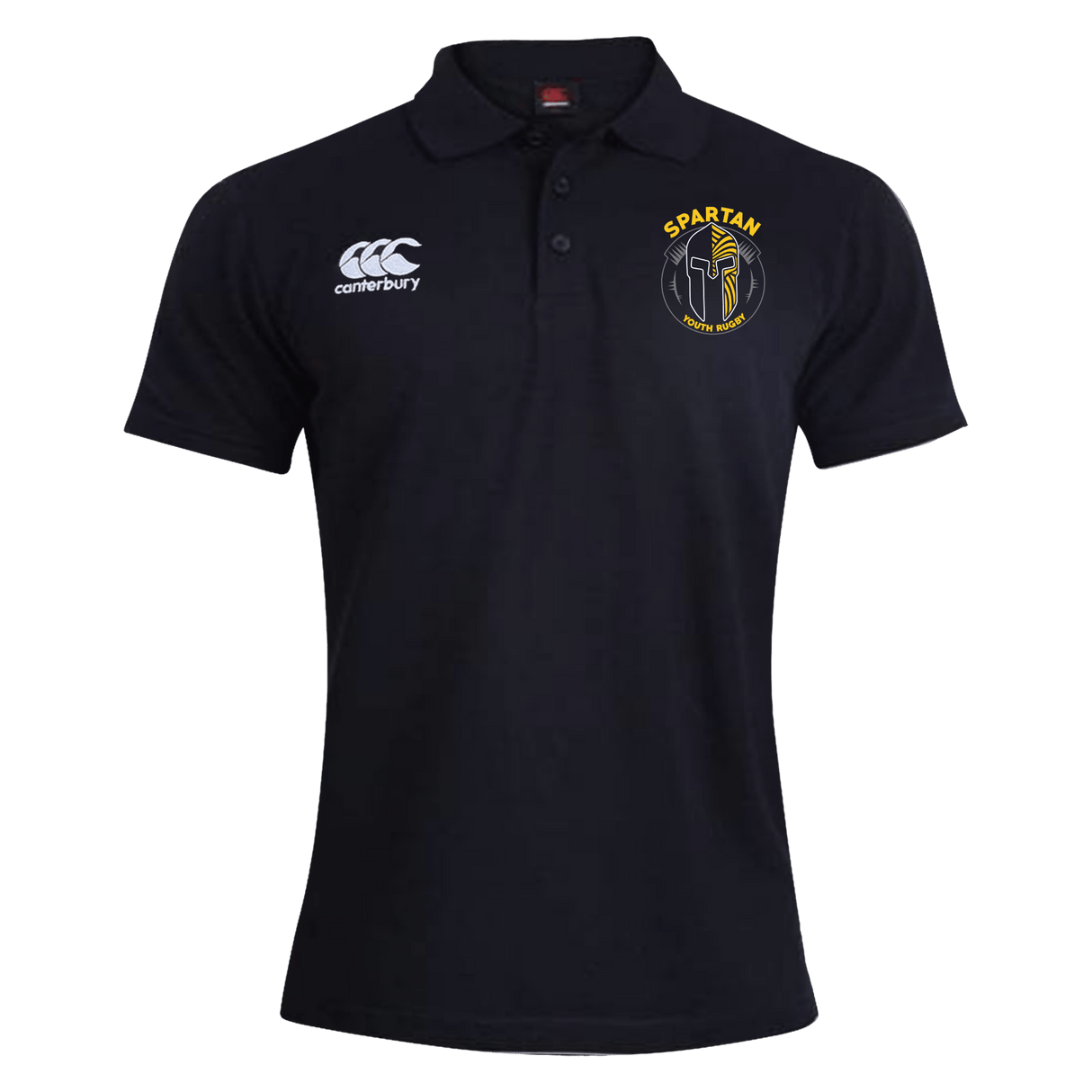 The Spartan Youth Rugby Waimak Polo by EMB Canterbury features a white "Canterbury" logo on the right chest and a yellow-and-black "SPARTAN" badge on the left—ideal for young rugby fans.