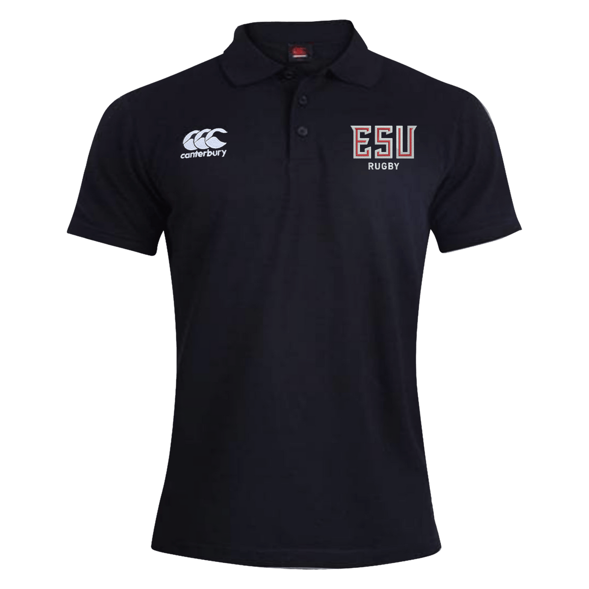 The East Stroudsburg University Waimak Polo by EMB Canterbury is a black short-sleeve rugby polo featuring the Canterbury logo on the right chest and "ESU Rugby" on the left, ideal for fans of classic rugby style.
