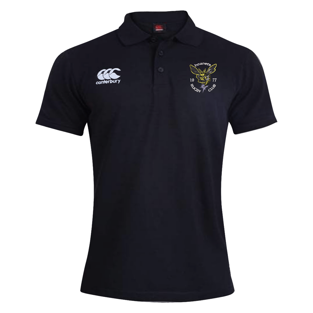 The EMB Canterbury Hornets Rugby Club 1977 Waimak Polo is a classic black short-sleeve rugby polo featuring the Canterbury logo on the right chest and a yellow embroidered Hornets Rugby Club crest on the left chest, perfect for both fans and players.