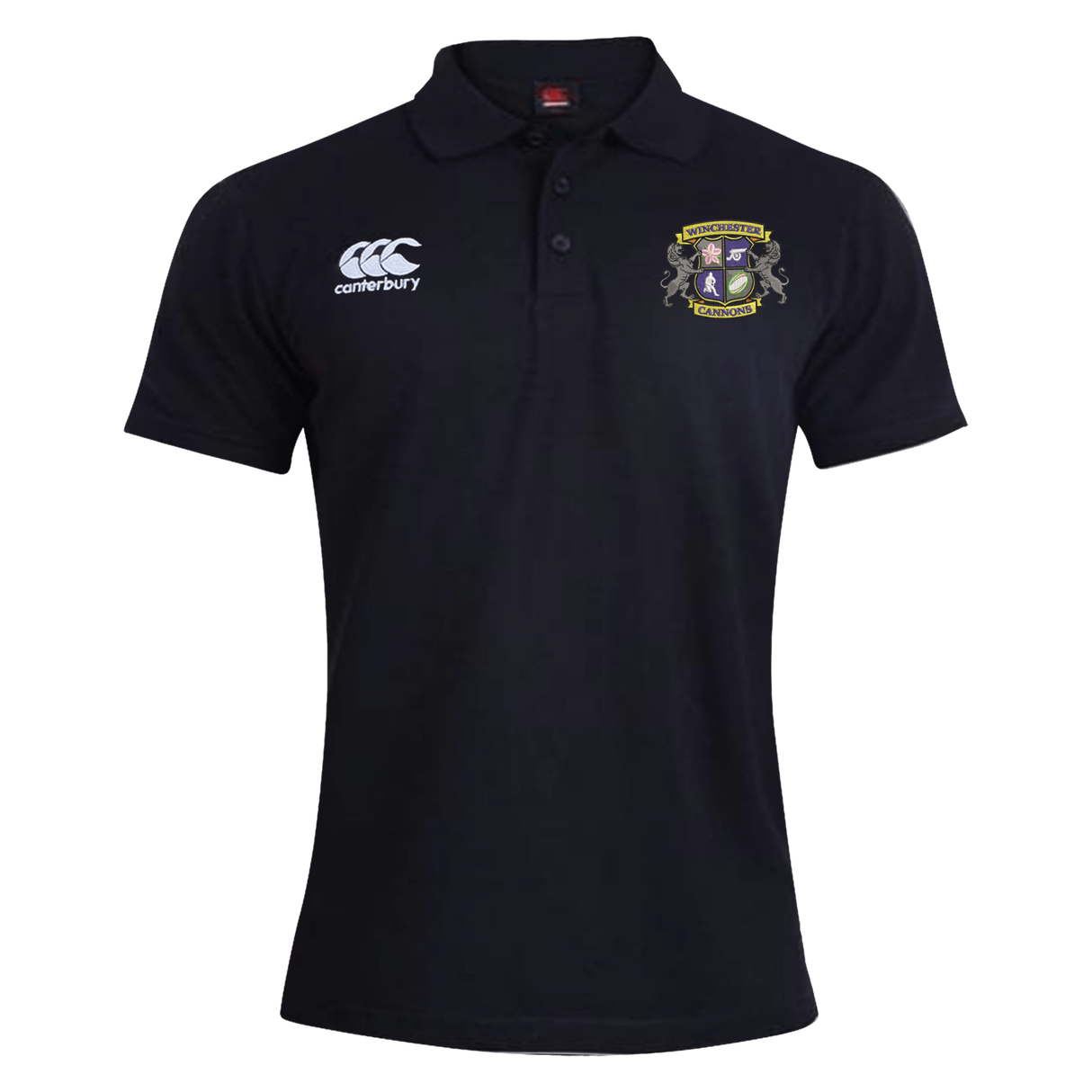 The Winchester Cannons Waimak Polo by EMB Canterbury is a black, short-sleeved rugby shirt featuring a CCC Waimak Rugby Polo logo on the right chest and a crest emblem on the left—perfect as a classic men’s rugby polo.