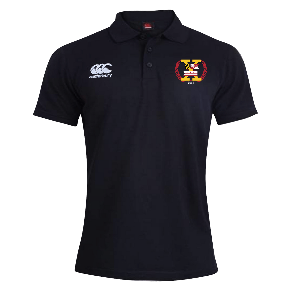 The Potomac Exiles Rugby Club Waimak Polo by Canterbury is a black, short-sleeve men's polo shirt featuring the classic CCC Waimak Rugby Polo design from EMB Canterbury, with the Canterbury logo on the right chest and a yellow, red, and black Potomac Exiles crest on the left chest—making it an essential addition to any men's rugby shirt collection.