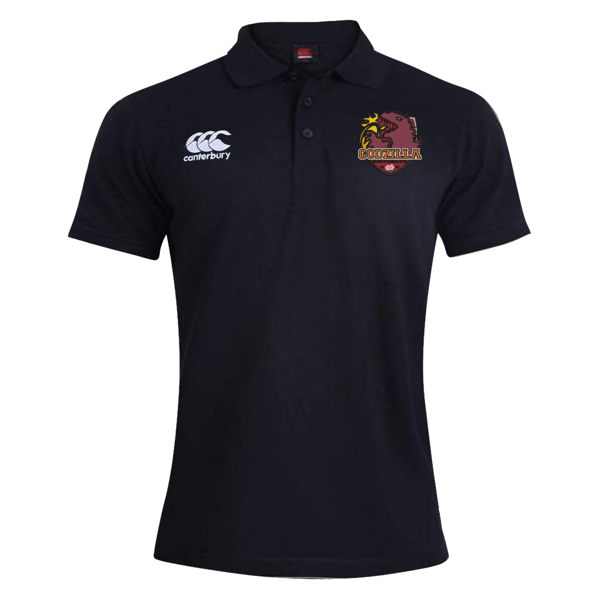 Introducing the Godzilla Rugby Football Club Waimak Polo by EMB Canterbury—a black short-sleeve rugby polo featuring a white Canterbury logo on the right chest and a maroon and yellow “Godzilla” team logo on the left chest. This men’s polo combines timeless style with durable comfort, making it ideal for both fans and players.
