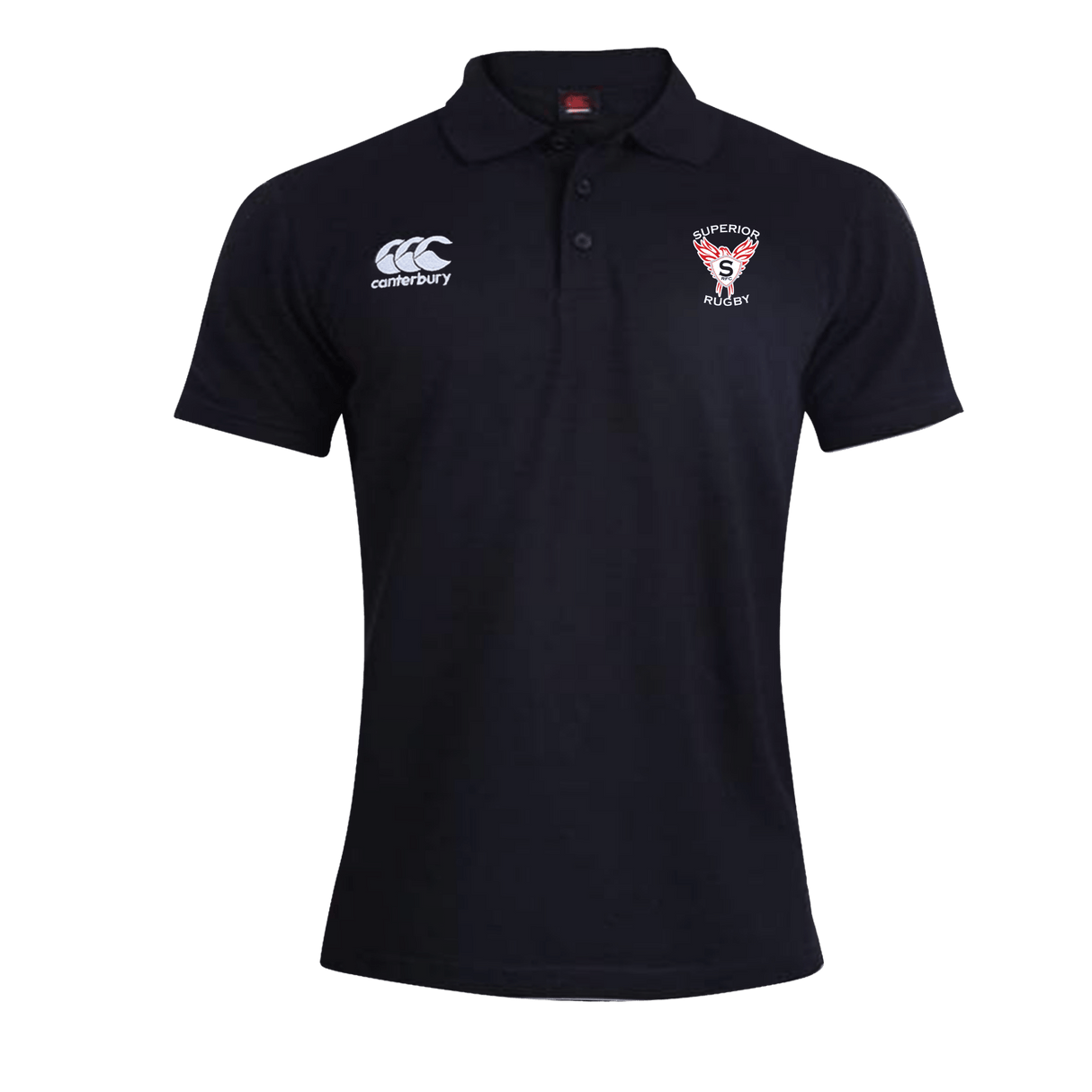 The Superior Rugby Club Waimak Polo by EMB Canterbury is a black short-sleeve men’s polo featuring the Canterbury logo on the right chest and a Superdogs Rugby crest on the left, echoing the classic CCC Waimak Rugby Polo style.