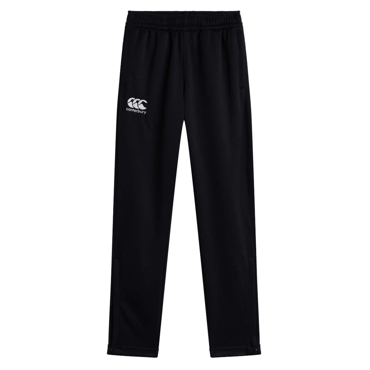 The Canterbury Stretch Tapered Pant, featuring an elastic waistband and the iconic Canterbury logo on the upper left thigh, is a pair of black, full-length athletic track pants designed with quick-dry material that makes them perfect for your workout sessions.