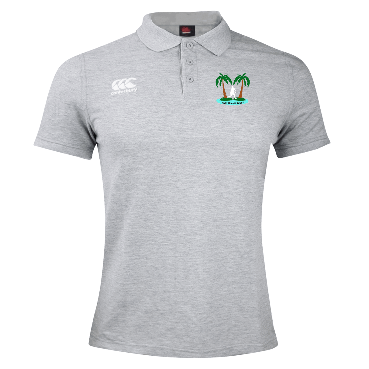 Gray Twin Island Rugby Waimak polo by EMB Canterbury with a small green tropical island logo on the left chest area and a Canterbury logo on the right.