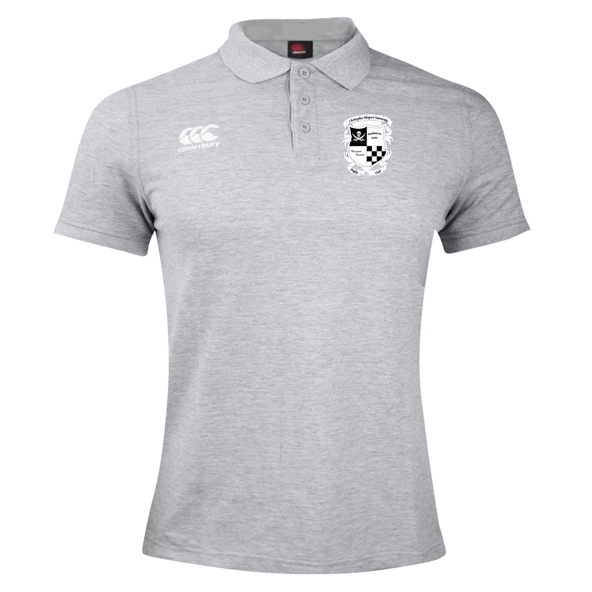 Gray Rugby Football Club at Christopher Newport University Waimak polo by EMB Canterbury with a black and white crest logo on the left chest and a small red and black embroidered Canterbury logo on the right chest, displayed on a white background.