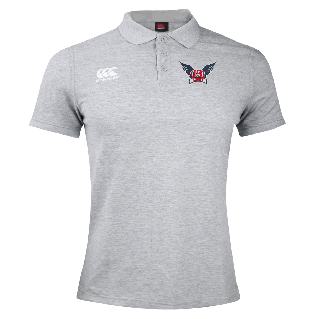 A gray University of Southern Indiana Waimak Polo by Canterbury with short sleeves, made from a comfortable Cotton Polyester blend. It features a small logo with wings on the left chest and an EMB Canterbury logo near the right shoulder.