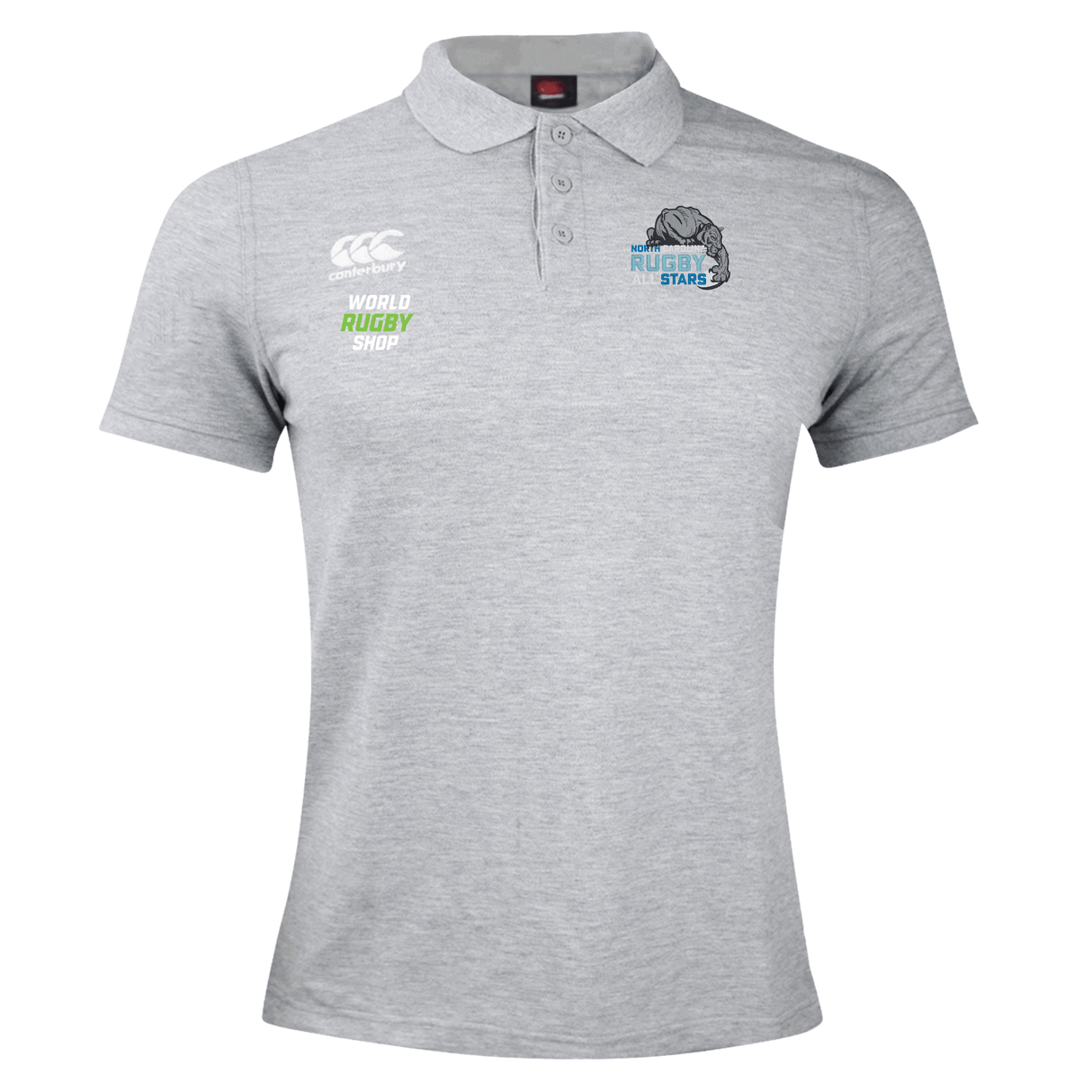 NC All Stars Waimak Polo by Canterbury with collars, featuring logos for "Canterbury," "World Rugby Shop," and "Rugby Stars" on the front left and right. Made from a comfortable cotton polyester blend.