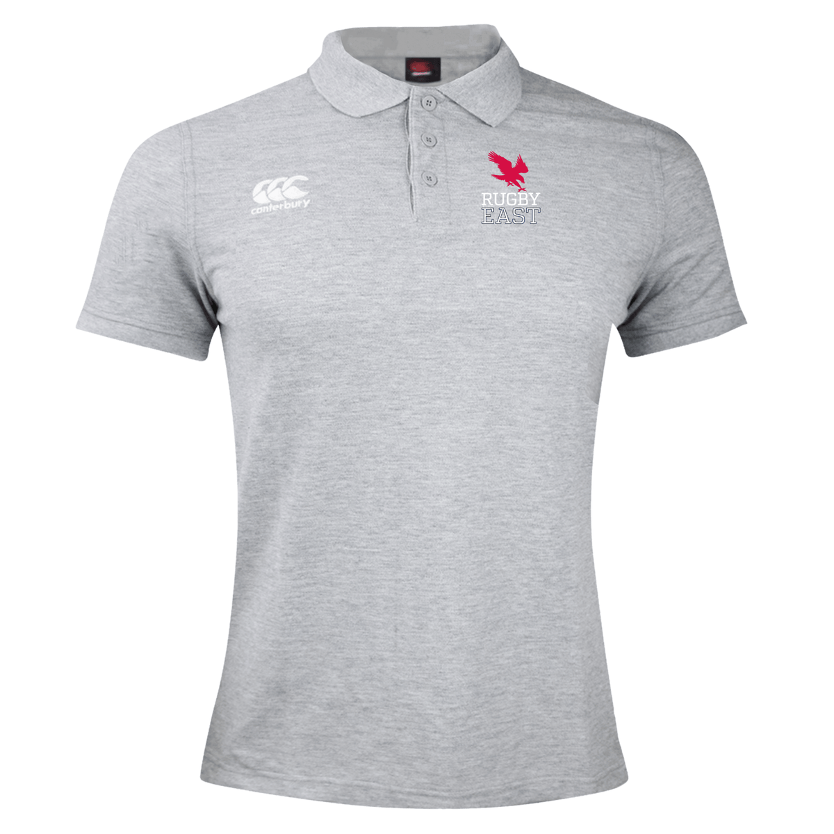 A grey Rugby East Conference Waimak Polo by Canterbury made of a comfortable cotton and polyester blend, featuring an embroidered EMB Canterbury logo on the right chest and a "Rugby East" emblem with an eagle on the left chest.