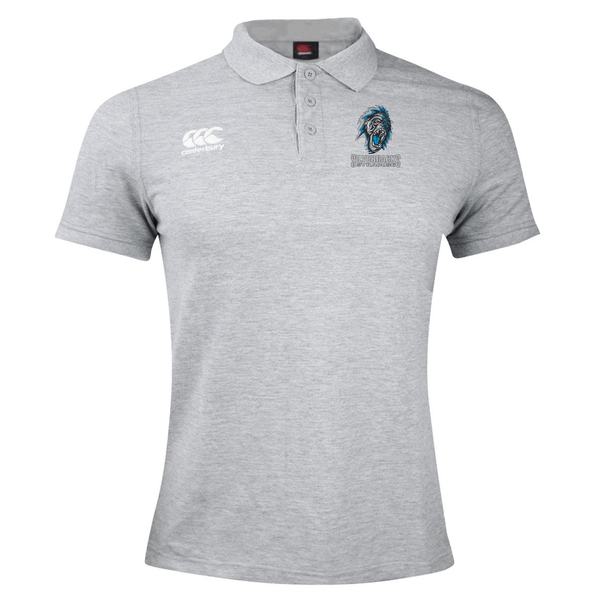 A grey rugby polo featuring a Canterbury logo on the right chest, a stylized lion head logo on the left chest, and embroidered text below the lion, crafted in a comfortable cotton polyester blend is the Syracuse Silverbacks Waimak Polo by EMB Canterbury.