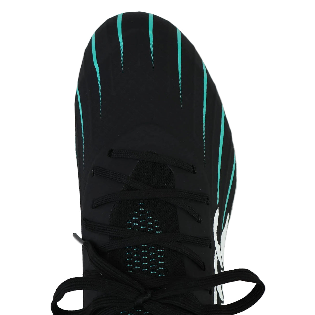 Top view of the Canterbury Speed Falcon 2.0 Elite FG rugby boot in Jet Black/Baltic Green, featuring teal stripes, black laces, and a white Canterbury logo on the side—engineered for lightweight speed on the field.