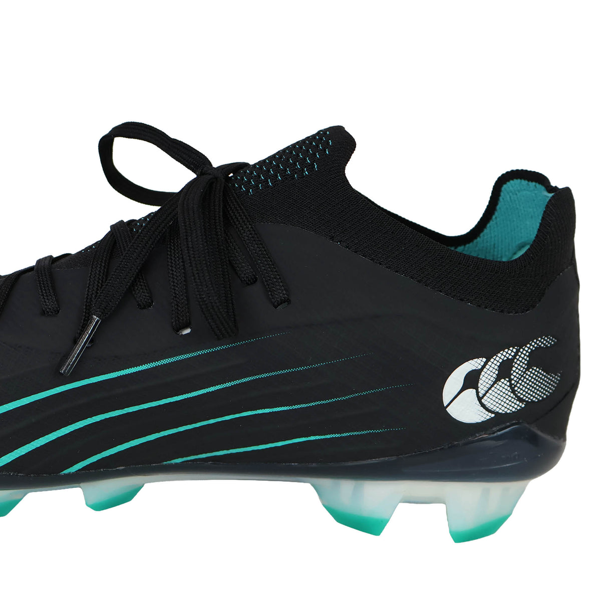 Shown in a side profile view, the Canterbury Speed Falcon 2.0 Elite FG - Jet Black/Baltic Green rugby boot features a sleek black design with Baltic green accents, black laces, a white Canterbury logo on the side, and a sole with green studs. Engineered for lightweight speed, these Canterbury boots offer exceptional performance and stylish flair on the pitch.