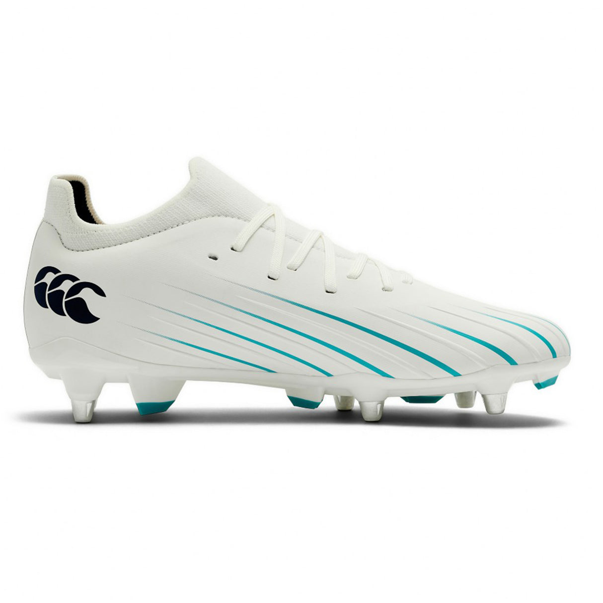Introducing the Canterbury Speed Falcon 2.0 Pro SG rugby boot by Canterbury, featuring a lightweight design in white and baltic green, a lace-up front, molded studs for superior soft ground performance, and a black Canterbury logo on the heel.