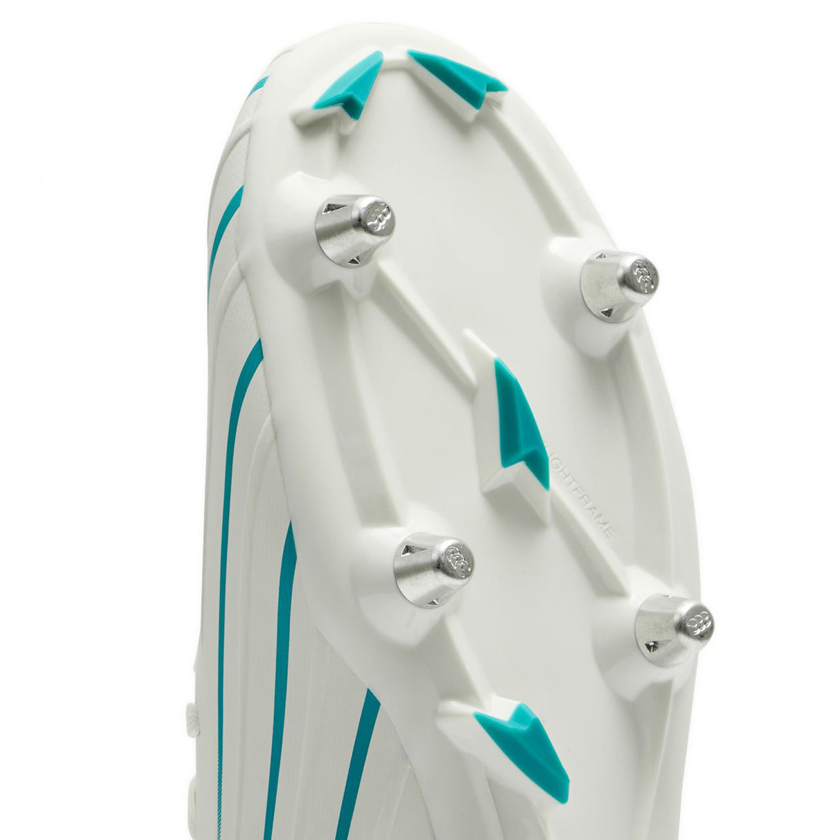 Close-up view of the sole of the Canterbury Speed Falcon 2.0 Pro SG rugby boot in white with baltic green accents, featuring a lightweight design and metal studs—ideal for soft ground play and showcasing Canterbury’s premium craftsmanship.