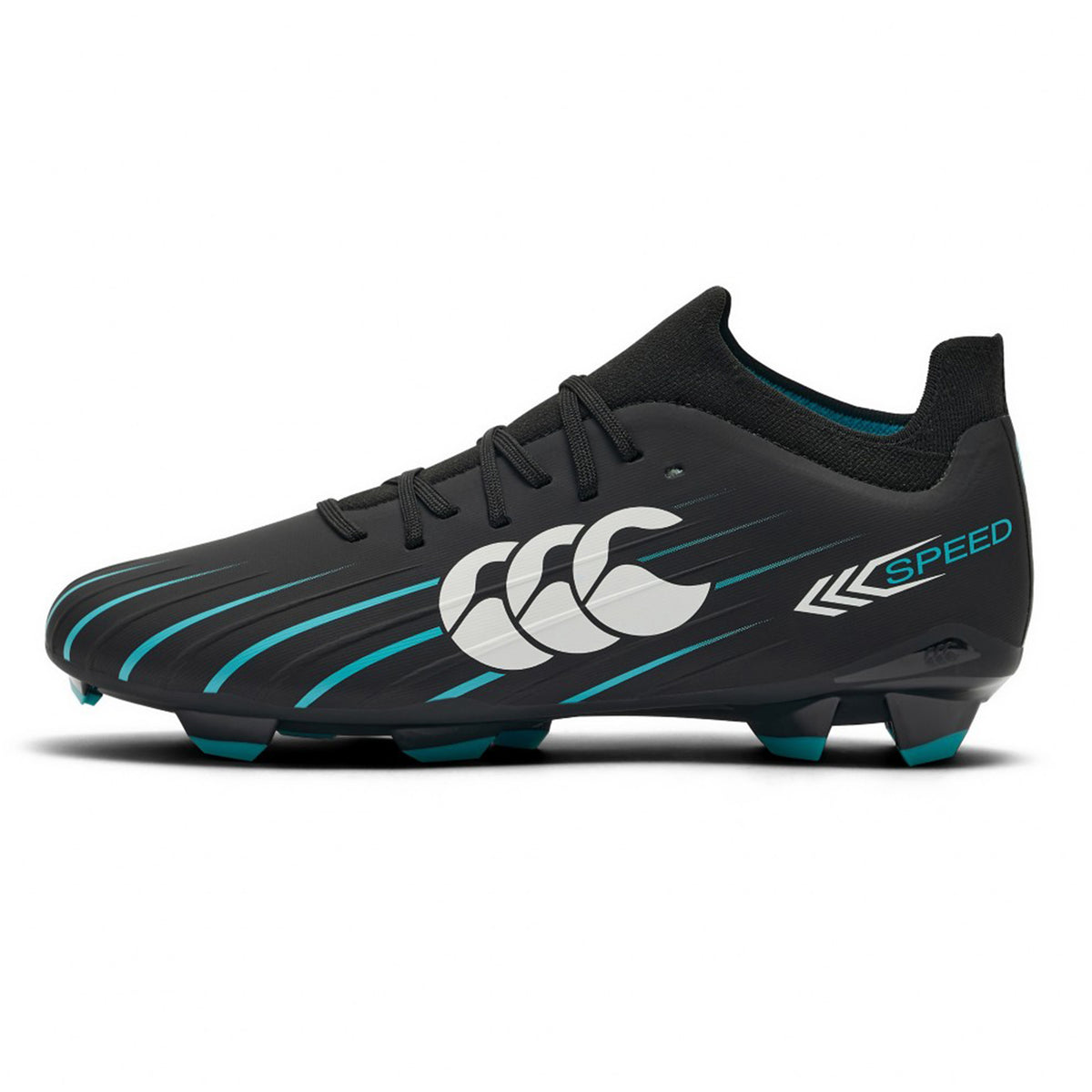 The Canterbury Speed Falcon 2.0 Pro FG - Jet Black/Baltic Green is a lightweight rugby boot featuring black and blue coloring, molded studs for firm ground, a lace-up closure, the Canterbury white logo, and “SPEED” printed on the side.